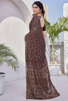 Maroon Chiffon Foil Print/Chevron/Zig Zag Print Sequinns Lace Saree With Unstitched Blouse Piece 4