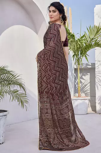 Maroon Chiffon Foil Print/Chevron/Zig Zag Print Sequinns Lace Saree With Unstitched Blouse Piece