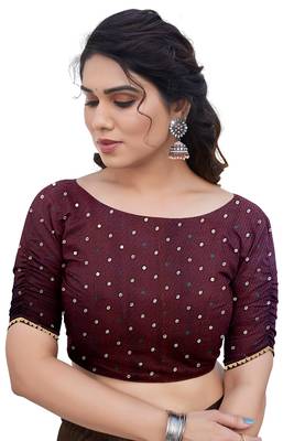 Maroon Chiffon Foil Print/Chevron/Zig Zag Print Sequinns Lace Saree With Unstitched Blouse Piece 5