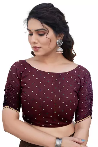 Maroon Chiffon Foil Print/Chevron/Zig Zag Print Sequinns Lace Saree With Unstitched Blouse Piece