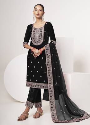 Black velvet sequince zari embroidered work festival long straight salwar suit pent dupatta semi stitched 1