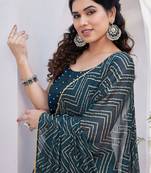 Dark Rama Blue Chiffon Foil Print/Chevron/Zig Zag Print Sequinns Lace Saree With Unstitched Blouse Piece