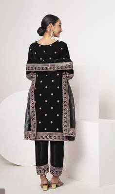Black velvet sequince zari embroidered work festival long straight salwar suit pent dupatta semi stitched 3