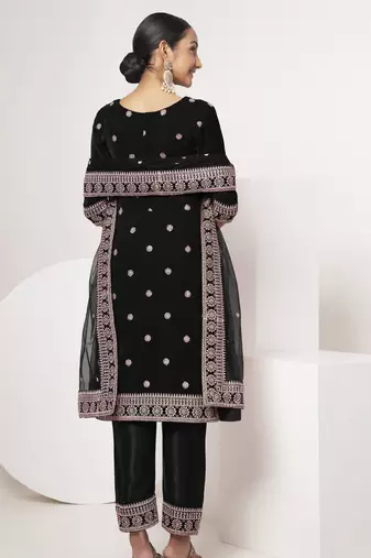 Black velvet sequince zari embroidered work festival long straight salwar suit pent dupatta semi stitched