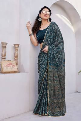 Dark Rama Blue Chiffon Foil Print/Chevron/Zig Zag Print Sequinns Lace Saree With Unstitched Blouse Piece 2