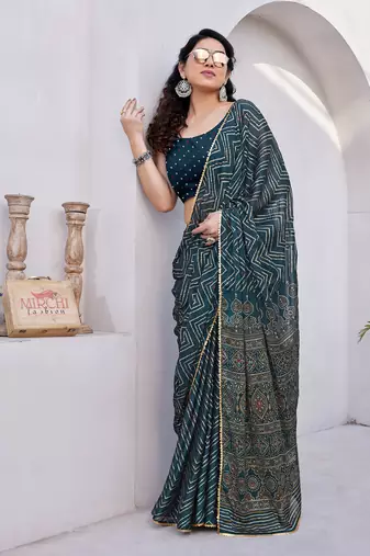 Dark Rama Blue Chiffon Foil Print/Chevron/Zig Zag Print Sequinns Lace Saree With Unstitched Blouse Piece