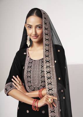 Black velvet sequince zari embroidered work festival long straight salwar suit pent dupatta semi stitched 4
