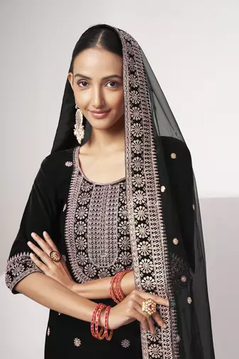 Black velvet sequince zari embroidered work festival long straight salwar suit pent dupatta semi stitched