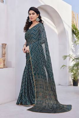 Dark Rama Blue Chiffon Foil Print/Chevron/Zig Zag Print Sequinns Lace Saree With Unstitched Blouse Piece 3