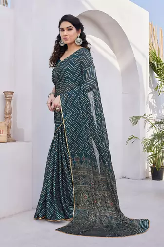 Dark Rama Blue Chiffon Foil Print/Chevron/Zig Zag Print Sequinns Lace Saree With Unstitched Blouse Piece