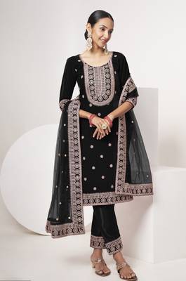 Black velvet sequince zari embroidered work festival long straight salwar suit pent dupatta semi stitched 5
