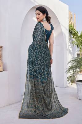 Dark Rama Blue Chiffon Foil Print/Chevron/Zig Zag Print Sequinns Lace Saree With Unstitched Blouse Piece 4