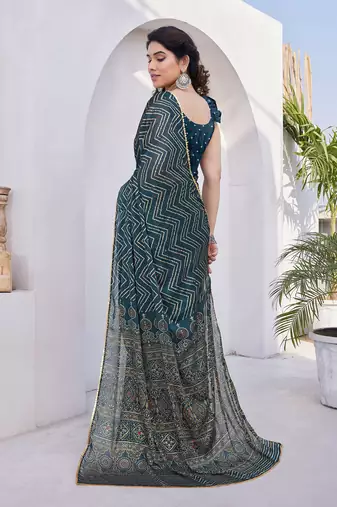 Dark Rama Blue Chiffon Foil Print/Chevron/Zig Zag Print Sequinns Lace Saree With Unstitched Blouse Piece