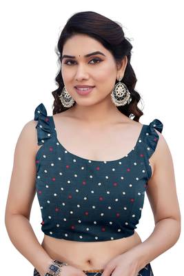 Dark Rama Blue Chiffon Foil Print/Chevron/Zig Zag Print Sequinns Lace Saree With Unstitched Blouse Piece 5