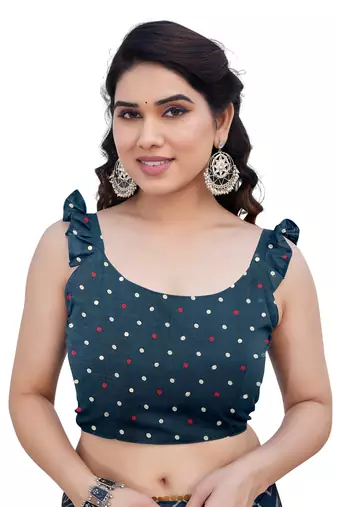 Dark Rama Blue Chiffon Foil Print/Chevron/Zig Zag Print Sequinns Lace Saree With Unstitched Blouse Piece