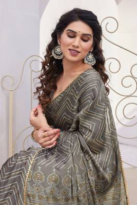 Dark Beige Chiffon Foil Print/Chevron/Zig Zag Print Sequinns Lace Saree With Unstitched Blouse Piece 1