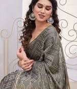 Dark Beige Chiffon Foil Print/Chevron/Zig Zag Print Sequinns Lace Saree With Unstitched Blouse Piece