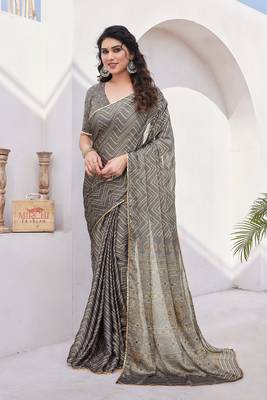 Dark Beige Chiffon Foil Print/Chevron/Zig Zag Print Sequinns Lace Saree With Unstitched Blouse Piece 2