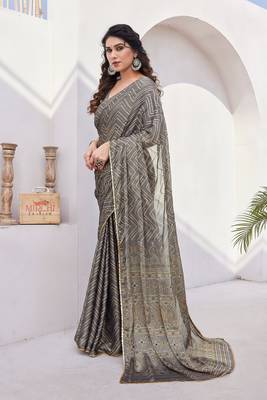 Dark Beige Chiffon Foil Print/Chevron/Zig Zag Print Sequinns Lace Saree With Unstitched Blouse Piece 3