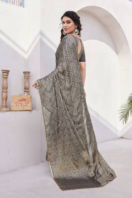 Dark Beige Chiffon Foil Print/Chevron/Zig Zag Print Sequinns Lace Saree With Unstitched Blouse Piece 4