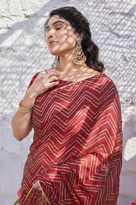 Red Chiffon Foil Print/Chevron/Zig Zag Print Sequinns Lace Saree With Unstitched Blouse Piece 1