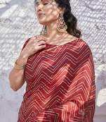 Red Chiffon Foil Print/Chevron/Zig Zag Print Sequinns Lace Saree With Unstitched Blouse Piece