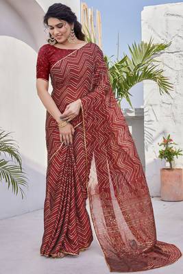 Red Chiffon Foil Print/Chevron/Zig Zag Print Sequinns Lace Saree With Unstitched Blouse Piece 2