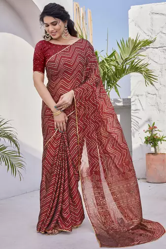 Red Chiffon Foil Print/Chevron/Zig Zag Print Sequinns Lace Saree With Unstitched Blouse Piece