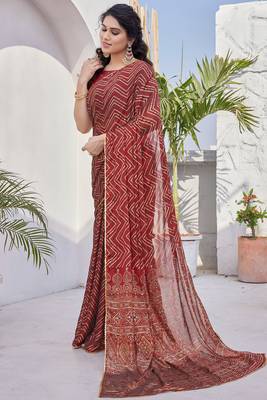 Red Chiffon Foil Print/Chevron/Zig Zag Print Sequinns Lace Saree With Unstitched Blouse Piece 3