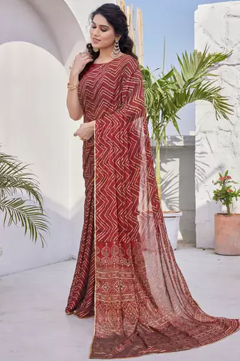 Red Chiffon Foil Print/Chevron/Zig Zag Print Sequinns Lace Saree With Unstitched Blouse Piece