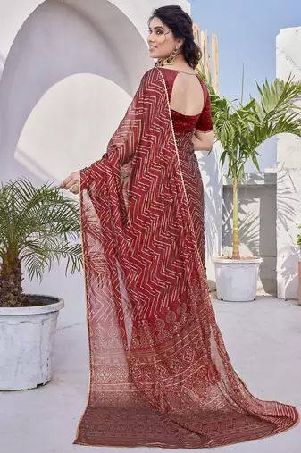 Red Chiffon Foil Print/Chevron/Zig Zag Print Sequinns Lace Saree With Unstitched Blouse Piece