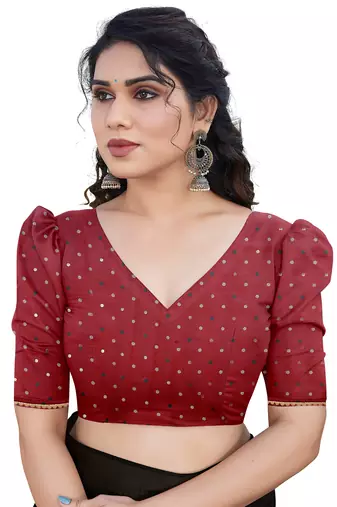 Red Chiffon Foil Print/Chevron/Zig Zag Print Sequinns Lace Saree With Unstitched Blouse Piece