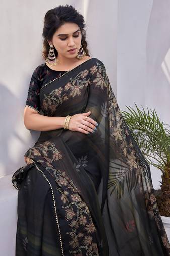 Black Chiffon Floral Print/Zari Work Printed/Gota Patti Lace Saree With Unstitched Blouse Piece
