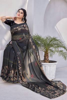 Black Chiffon Floral Print/Zari Work Printed/Gota Patti Lace Saree With Unstitched Blouse Piece 2