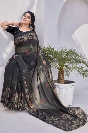 Black Chiffon Floral Print/Zari Work Printed/Gota Patti Lace Saree With Unstitched Blouse Piece