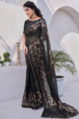 Black Chiffon Floral Print/Zari Work Printed/Gota Patti Lace Saree With Unstitched Blouse Piece 3