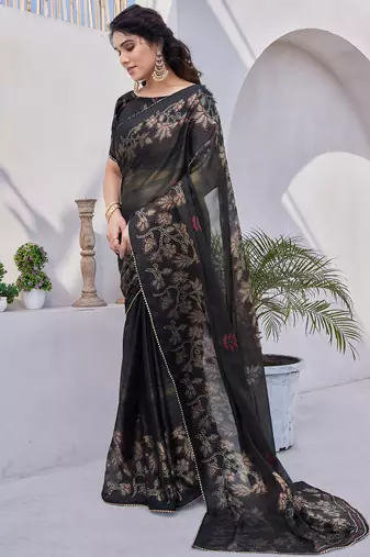 Black Chiffon Floral Print/Zari Work Printed/Gota Patti Lace Saree With Unstitched Blouse Piece
