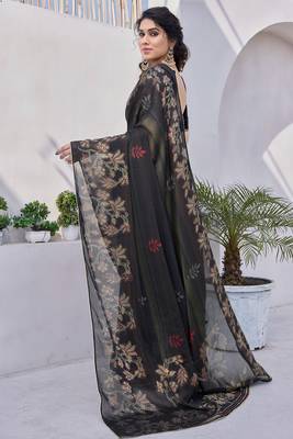 Black Chiffon Floral Print/Zari Work Printed/Gota Patti Lace Saree With Unstitched Blouse Piece 4
