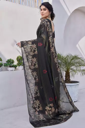 Black Chiffon Floral Print/Zari Work Printed/Gota Patti Lace Saree With Unstitched Blouse Piece