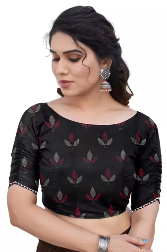 Black Chiffon Floral Print/Zari Work Printed/Gota Patti Lace Saree With Unstitched Blouse Piece