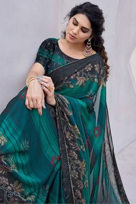 Teal Chiffon Floral Print/Zari Work Printed/Gota Patti Lace Saree With Unstitched Blouse Piece 1