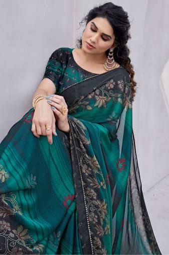 Teal Chiffon Floral Print/Zari Work Printed/Gota Patti Lace Saree With Unstitched Blouse Piece