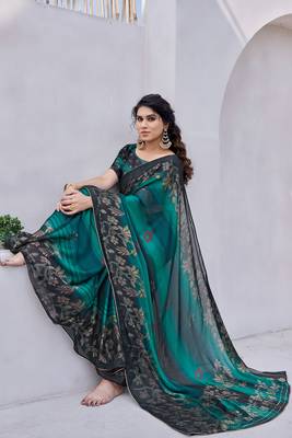 Teal Chiffon Floral Print/Zari Work Printed/Gota Patti Lace Saree With Unstitched Blouse Piece 2