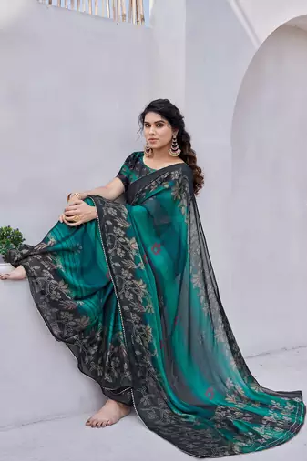 Teal Chiffon Floral Print/Zari Work Printed/Gota Patti Lace Saree With Unstitched Blouse Piece
