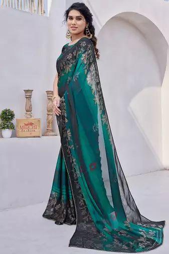 Teal Chiffon Floral Print/Zari Work Printed/Gota Patti Lace Saree With Unstitched Blouse Piece