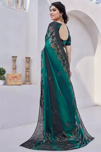 Teal Chiffon Floral Print/Zari Work Printed/Gota Patti Lace Saree With Unstitched Blouse Piece