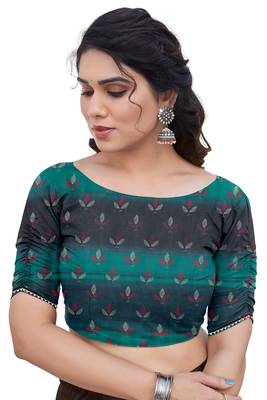 Teal Chiffon Floral Print/Zari Work Printed/Gota Patti Lace Saree With Unstitched Blouse Piece 5