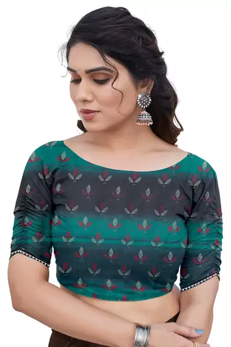 Teal Chiffon Floral Print/Zari Work Printed/Gota Patti Lace Saree With Unstitched Blouse Piece
