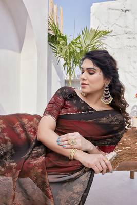 Maroon Chiffon Floral Print/Zari Work Printed/Gota Patti Lace Saree With Unstitched Blouse Piece 2