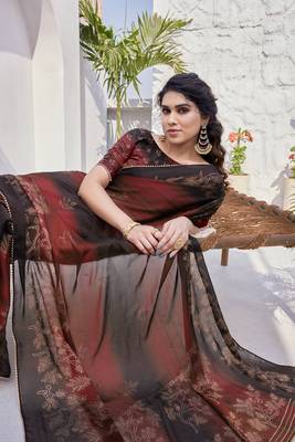 Maroon Chiffon Floral Print/Zari Work Printed/Gota Patti Lace Saree With Unstitched Blouse Piece 3